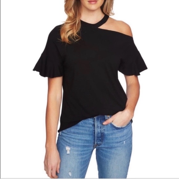 1. State Tops - 1. State Slashed Cutout One Shoulder Short Sleeve Black Top Women Size X-Small